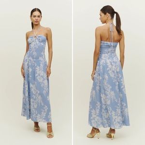 NWT Reformation Eleni Backless Halter Maxi Dress in Aliso Blue Floral Women’s 2